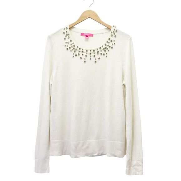 Lilly Pulitzer Sweaters - Lilly Pulitzer Coconut Odetta Sweater Wool Blend Rhinestone Neckline Size Large